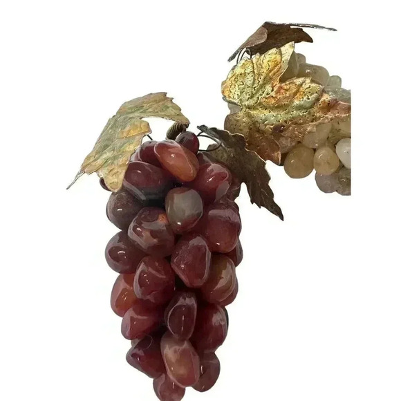 Set Of 2 Vintage Grape Bunch Polished Stones Agate And Quartz w/Copper Leaves - Picture 4 of 7